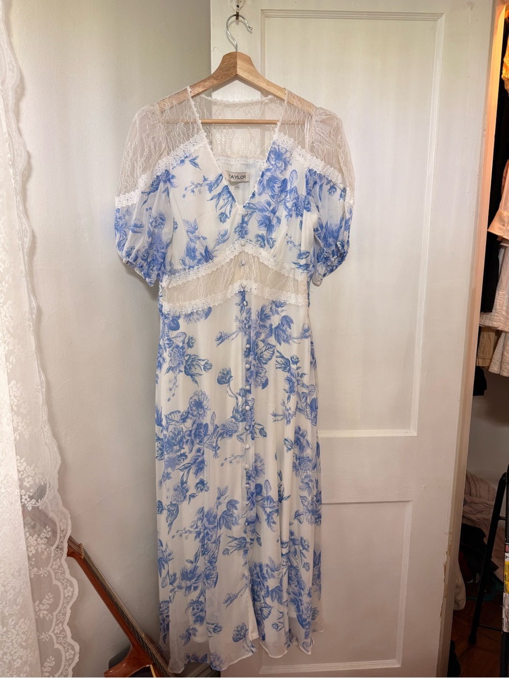 Taylor Blue and White Floral Lace-Trim Maxi